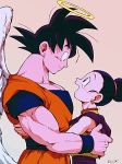  1boy 1girl :d angel_wings bare_arms bare_shoulders beige_background black_eyes black_hair chi-chi_(dragon_ball) china_dress chinese_clothes couple crying crying_with_eyes_open dougi dragon_ball dragon_ball_z dress earrings eye_contact eyelashes fingernails hair_bun halo hands_on_another&#039;s_back happy_tears hetero hug jewelry looking_at_another looking_up open_mouth outsuki pink_background profile simple_background sleeveless sleeveless_dress smile son_gokuu spiked_hair standing tears tied_hair twitter_username upper_body wings wristband 