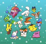  2boys :3 animal_crossing animal_ears animal_focus celebi cinnamoroll commentary creature crossover cybunny digimon digimon_(creature) ditto dog english_commentary fairy_wings furry furry_male fuwa_fuwa_cinnamoroll gaston_(animal_crossing) gizmo_(gremlins) green_background gremlins_(film) hamster hamtaro hamtaro_(series) hat holding holding_wand jester_cap kirby kirby_(series) leaf mametchi mudkip multiple_boys neopet_(creature) neopets open_mouth patamon picture_kris pixel_art pokemon pokemon_(creature) pompompurin rabbit rabbit_boy rabbit_ears sanrio simple_background smile sparkle star_(symbol) tamagotchi terriermon wand wings 