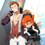  &gt;_&lt; 1boy 1girl beard belt brown_hair closed_eyes cloud cloudy_sky facial_hair fate/grand_order fate_(series) fujimaru_ritsuka_(female) hakka_(88hk88) hand_on_another&#039;s_back napoleon_bonaparte_(fate/grand_order) orange_hair pants ponytail rainbow scar short_hair skirt sky smile sneezing uniform weapon 