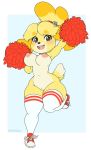  2019 animal_crossing anthro blithedragon blush breasts canid canine canis cheerleader clothing domestic_dog female footwear fur hair hi_res isabelle_(animal_crossing) mammal navel nintendo nipples open_mouth pom_poms pompoms pussy shih_tzu simple_background solo toy_dog video_games yellow_fur 
