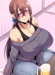  1girl alcohol bare_shoulders beer beer_mug blue_eyes blush breasts cleavage denim earrings eyebrows_visible_through_hair grin hair_between_eyes jeans jewelry large_breasts long_hair mature megane_man mole mole_under_mouth necklace original pants purple_hair sitting smile solo tatami white_legwear 