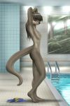  2014 anthro areola black_nose breasts brown_eyes detailed_background digital_media_(artwork) eyelashes female hair hi_res long_hair looking_at_viewer lutrine mammal mustelid mykegreywolf nat_(mykegreywolf) natural_breasts nipples nude solo standing swimming_pool water window 