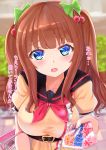  .live 1girl basket belt blue_eyes blurry blurry_background breasts brown_hair hair_ornament hair_ribbon highres kakyouin_chieri large_breasts long_hair looking_at_viewer open_mouth pamphlet ribbon solo tipo_(tipoplaza) translation_request twintails virtual_youtuber 