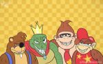  absurd_res alanconacento anthro ape backpack banjo-kazooie banjo_(banjo-kazooie) cape close-up clothed clothing crown diddy_kong donkey_kong_(character) donkey_kong_(series) fur gorilla half-closed_eyes hat headgear headwear hi_res humor jewelry king king_k._rool kremling looking_at_viewer male mammal meme monkey necklace necktie nintendo primate rareware reptile royalty scalie sharp_teeth shirt smile teeth topwear ursid video_games 