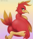  2019 anthro avian banjo-kazooie beak bird breasts breegull butt digital_media_(artwork) eyelashes feathers female gradient_background green_eyes hi_res kazooie looking_at_viewer looking_back non-mammal_breasts rareware shinsuke side_boob signature simple_background smile solo tail_feathers talons thick_thighs video_games 
