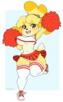 2019 animal_crossing anthro blithedragon blush bottomwear breasts camel_toe canid canine canis cheerleader clothing domestic_dog female footwear fur hair isabelle_(animal_crossing) mammal navel nintendo nipple_outline open_mouth pom_poms pompoms shih_tzu simple_background skirt solo toy_dog under_boob underwear video_games yellow_fur 