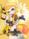  1girl ;p animal_ears beanie black_shorts blonde_hair brown_shirt commentary dual_wielding fake_animal_ears from_side glooga_dualies_(splatoon) gomamiso gradient_hair green_eyes grey_legwear gym_shorts hat highres holding holding_weapon ink_tank_(splatoon) leg_up logo long_hair long_sleeves looking_at_viewer multicolored_hair octoling one_eye_closed orange_hair paint_splatter pompompurin print_shirt sandals shirt short_over_long_sleeves short_shorts short_sleeves shorts socks solo splatoon_(series) splatoon_2 standing standing_on_one_leg t-shirt tentacle_hair tongue tongue_out trigger_discipline very_long_hair weapon yellow_background yellow_footwear yellow_headwear yellow_theme 