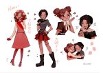  +++ 2girls ^_^ alicia_rose black_hair boots closed_eyes commentary dress fishnet_thighhighs fishnets hand_on_own_hip head_scarf heart high_heels highres hug komatsu_nana long_sleeves multiple_girls multiple_views nana_(series) one_eye_closed osaki_nana pink_dress short_hair simple_background star_(symbol) thighhighs twintails white_background 