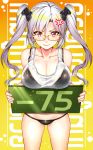  1girl absurdres anger_vein bangs bikini black_bikini blush breasts cleavage collarbone controller game_controller glasses hair_ornament highres holding holding_sign large_breasts long_hair looking_at_viewer see-through sign solo steam_(platform) swimsuit tank_top twintails wet white_hair yakimi_27 yellow-framed_eyewear yellow_eyes 