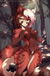  2019 5_fingers ailurid anthro areola brown_fur brown_hair chest_tuft day detailed_background digital_media_(artwork) female fluffy fluffy_tail fur hair hi_res longdanger looking_at_viewer mammal navel nipples outside portrait pussy red_fur red_panda smile solo spots spotted_fur striped_fur stripes three-quarter_portrait tree tuft white_hair yellow_eyes 