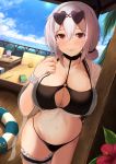  1girl alternate_costume azur_lane bangs bikini black_bikini blue_sky breasts chair cleavage cloud cowboy_shot day eyebrows_visible_through_hair eyewear_on_head groin hair_between_eyes hand_up heart heart-shaped_eyewear highres indoors kanzaki_kureha large_breasts leg_garter looking_at_viewer lounge_chair navel o-ring o-ring_top red_eyes scrunchie short_hair sidelocks sirius_(azur_lane) sky solo stomach sunglasses swimsuit thighs white_hair wrist_scrunchie 