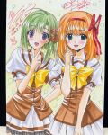  2girls arm_behind_back blue_eyes breasts brown_ribbon commentary_request dated fuyou_kaede green_hair hair_ribbon hairband highres marker_(medium) medium_breasts multiple_girls nishimata_aoi open_mouth orange_hair photo_(medium) pleated_skirt puffy_short_sleeves puffy_sleeves purple_eyes red_hairband ribbon shigure_asa short_sleeves shuffle! signature skirt smile traditional_media v white_skirt 