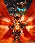  absurdres armor belt compound_eyes core_medal glowing glowing_eyes helmet highres kamen_rider kamen_rider_gotchard kamen_rider_gotchard_(series) kamen_rider_legend kamen_rider_ooo kamen_rider_ooo_(series) mask_and_rider ooo_driver rider_belt taja_spinner 