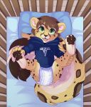  5_fingers anthro bed brown_hair clothing cub cute_fangs diaper fangs felid green_eyes hair hi_res hoodie korben_brandis legs_up looking_at_viewer lying male mammal on_back open_mouth pantherine pawpads paws pillow presenting strawberryneko young 