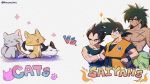  3boys abs animal arms_at_sides black_cat black_eyes black_hair broly_(dragon_ball_super) cat chest_scar clothes_around_waist clothes_writing crossed_arms dark_skin dark_skinned_male dougi dragon_ball dragon_ball_super_broly english_text expressionless facial_scar floral_background flower frown gloves grey_cat hands_on_hips height_difference kuroxmitsu_kinako looking_to_the_side male_focus multiple_boys muscle orange_cat pink_flower scar scar_on_cheek serious shadow shirtless simple_background smile son_gokuu sparkle spiked_hair standing text_focus twitter_username upper_body vegeta vs white_background white_cat white_gloves wristband 