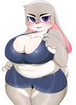  2019 absurd_res anthro berseepon09 big_breasts blush bottomwear breasts cleavage clothed clothing crop_top digital_media_(artwork) disney female hi_res huge_breasts judy_hopps lagomorph leporid looking_at_viewer mammal midriff navel purple_eyes rabbit shirt shorts simple_background slightly_chubby solo sweat sweatdrop tank_top thick_thighs topwear voluptuous white_background wide_hips zootopia 