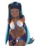  1girl armlet bakutendou black_hair blue_eyes blue_hair blush breasts closed_mouth collarbone covered_nipples dark_skin earrings finger_to_mouth fingerless_gloves gloves hand_on_own_thigh highres hoop_earrings jewelry large_breasts leaning_forward lips long_hair looking_at_viewer multicolored_hair navel necklace pokemon rurina_(pokemon) shorts simple_background single_glove smile solo sports_bra sportswear thigh_gap wet white_background 