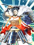  1boy abs armlet armor black_hair blue_gloves cape cloud gloves highres japanese_armor katana looking_at_viewer male_focus mizuno_katsunari muscle nipples outstretched_hand sangokushi_taisen saumaro sheath sideburns solo standing sword weapon 