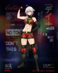  1girl abs ahoge bike_shorts black_footwear black_legwear boots breasts character_name clenched_hand cross-laced_footwear dana_zane fist_pump full_body girls_frontline gloves hand_on_hip highres knee_boots knee_pads lace-up_boots medium_breasts midriff mismatched_gloves navel official_art red_eyes short_hair silver_hair solo sports_bra standing terras thigh_boots thighhighs thighs va-11_hall-a wrestling_outfit 
