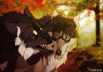  2019 ambiguous_gender blue_eyes breath canid canine canis digital_media_(artwork) duo feral forest hi_res invalid_color mammal panting rakan red_eyes scar therbis tree were werecanid werecanine werewolf wolf 