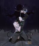  1boy 1other absurdres androgynous black_hair bottle coat commentary crown dream_(youtuber) dream_smp english_commentary highres holding holding_bottle kneeling minecraft_youtube multicolored_hair other_focus painterly pants pointy_ears pouring ranboo shadow smiley_face solo_focus split-color_hair suit tail water white_hair wolfythewitch 