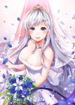  1girl absurdres alternate_costume azur_lane belfast_(azur_lane) belfast_(claddagh_ring&#039;s_vow)_(azur_lane) blue_eyes blush bouquet braid breasts bridal_veil chain cleavage collar cowboy_shot day dress earrings flower highres hyangu jewelry large_breasts light_particles long_hair looking_at_viewer multicolored multicolored_eyes open_mouth petals red_carpet silver_hair skirt_hold sleeveless sleeveless_dress smile solo straight_hair tiara veil wedding_dress white_dress yellow_eyes 