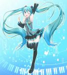  1girl ;d aqua_eyes aqua_hair arm_up bare_shoulders boots detached_sleeves full_body hair_ornament hatsune_miku highres instrument keyboard_(instrument) leg_up long_hair looking_at_viewer necktie one_eye_closed open_mouth pleated_skirt shirt skirt sleeveless sleeveless_shirt smile solo supo01 thigh_boots thighhighs twintails very_long_hair vocaloid zettai_ryouiki 