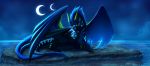  2019 absurd_res blue_hair claws digital_media_(artwork) dragon feral grass hair hi_res horn lying membrane_(anatomy) membranous_wings moon night outside scalie sharp_horns sky solo star starry_sky water western_dragon wings wrappedvi yellow_eyes 