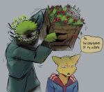 anthro aveloka clothed clothing cult_of_the_lamb dialogue digital_drawing_(artwork) digital_media_(artwork) domestic_cat duo english_text felid feline felis follower_(cult_of_the_lamb) fully_clothed fur green_body grey_background grin hi_res holding_object laugh leshy_(cult_of_the_lamb) mammal massive_monster_(studio) sharp_teeth simple_background smile speech_bubble standing teeth text yellow_body yellow_fur