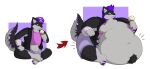  2019 3_toes 5_fingers anthro arrow_sign bandage bandaged_arm bangs barefoot belly belly_expansion belly_hair big_belly black_body black_clothing black_eyebrows black_fur black_tail black_topwear black_vest body_hair body_size_growth bottomwear canid canine canis cheek_tuft claws clothed clothed_anthro clothing colored crop_top crossed_legs digital_drawing_(artwork) digital_media_(artwork) expansion eyebrows facial_hair facial_hair_growth facial_tuft feet fingers fluffy fluffy_tail food fur goatee green_eyes grey_body grey_fur grey_hair grey_inner_ear grey_tail hair hand_on_leg holding_food holding_ice_cream_cone holding_object ice_cream_cone licking_ice_cream mammal markings midriff moobs multicolored_hair multicolored_tail navel open_clothing open_topwear open_vest pink_clothing pink_crop_top pink_shirt pink_tongue pink_topwear purple_bottomwear purple_claws purple_clothing purple_eyebrows purple_facial_hair purple_goatee purple_hair purple_markings purple_shorts sequence shaded shirt short_hair shorts simple_background simple_shading sitting size_transformation tail tail_markings theannoyingnpc thick_thighs toe_claws toes tongue topwear torn_clothing torn_shirt torn_topwear transformation tuft two_tone_hair vest weight_gain white_background wolf 