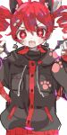  +_+ 1girl :3 :d ahoge animal_ears bandaid bandaid_on_cheek bandaid_on_face black_jacket breast_pocket cat_ears dot_nose double-parted_bangs drawstring drill_hair ebi834 fang hair_between_eyes hair_ornament hair_ribbon hairclip hands_up jacket kasane_teto kemonomimi_mode long_sleeves open_mouth paw_print paw_print_pattern pocket red_eyes red_hair red_nails ribbon short_hair simple_background skin_fang smile solo twin_drills utau v-shaped_eyebrows white_background white_ribbon 