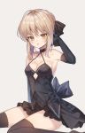  1girl :o artoria_pendragon_(all) bangs bare_shoulders black_bow black_choker black_dress black_gloves blush bow braid breasts brown_background brown_eyes brown_legwear choker cleavage collarbone commentary_request dress elbow_gloves eyebrows_visible_through_hair fate/grand_order fate_(series) feet_out_of_frame gloves hair_between_eyes hair_bow hair_bun hand_up highres laurelfalcon light_brown_hair medium_breasts parted_lips saber_alter sidelocks simple_background sitting sleeveless sleeveless_dress solo thighhighs 