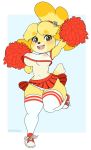  2019 animal_crossing anthro blithedragon blush bottomwear breasts camel_toe canid canine canis cheerleader clothing domestic_dog female footwear fur hair hi_res isabelle_(animal_crossing) mammal navel nintendo nipple_outline open_mouth pom_poms pompoms shih_tzu simple_background skirt solo toy_dog under_boob underwear video_games yellow_fur 