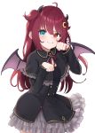  1girl :t ahoge bangs black_dress blue_eyes blush capelet commentary crescent crescent_hair_ornament demon_girl demon_horns demon_wings dress fang frilled_skirt frills hair_between_eyes hair_ornament heterochromia highres horns long_hair long_sleeves looking_at_viewer nijisanji paw_pose red_eyes red_hair simple_background skin_fang skirt smile solo two_side_up virtual_youtuber white_background wings yudetama yuzuki_roa 