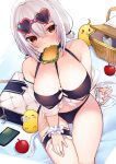  1girl ahoge alternate_costume apple arm_support arms_at_sides artist_name ass_visible_through_thighs azur_lane bag bare_shoulders bikini bird black_bikini black_choker black_legwear blanket blush breasts cellphone chick choker collarbone eating eyebrows_visible_through_hair eyes_visible_through_hair eyewear_on_head food food_in_mouth frilled_legwear from_above fruit hair_between_eyes hair_intakes hand_on_own_thigh handbag heart heart-shaped_eyewear huge_breasts legs_together looking_at_viewer manjuu_(azur_lane) mouth_hold o-ring o-ring_bikini o-ring_top phone picnic_basket pink-framed_eyewear red_eyes ry_thae sandwich scrunchie sirius_(azur_lane) sirius_(midsummer_seirios)_(azur_lane) sitting sleeping smartphone sunglasses swimsuit thigh_gap thigh_strap thighs white_frills white_hair white_scrunchie wrist_scrunchie 