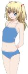  1girl 2016 absurdres armpits arms_behind_back artist_request bare_arms bare_legs bare_shoulders bikini blonde_hair blue_bikini blue_eyes blue_swimsuit boku_wa_tomodachi_ga_sukunai collarbone cowboy_shot eyebrows_visible_through_hair eyeshadow female flat_chest hair_between_eyes hair_ornament hair_ribbon hasegawa_kobato heterochromia highres legs long_hair looking_at_viewer midriff navel official_art open_mouth raised_eyebrows red_eyes ribbon shiny shiny_hair signature solo standing swimsuit two_side_up white_background 