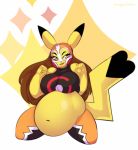  anthro belly big_belly big_breasts breasts cleft_tail clothed clothing digital_media_(artwork) female fur hair hi_res humanoid_hands hyper hyper_belly looking_at_viewer mammal mask navel nintendo open_mouth overweight pikachu pikachu_libre pok&eacute;mon pok&eacute;mon_(species) simple_background smile solo thick_thighs tragicfame video_games yellow_fur 