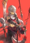  1boy anocurry bracelet cloak gloves hair_over_one_eye jewelry long_hair looking_at_viewer male_focus navel necklace octopath_traveler open_mouth scarf short_hair simple_background smile solo therion_(octopath_traveler) weapon white_hair 
