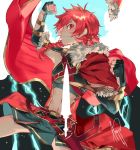  1boy alexander_(fate/grand_order) angye_fdez braid breastplate cape clenched_hands closed_mouth earrings fate/grand_order fate_(series) gloves jewelry lightning lightning_bolt long_hair looking_at_viewer male_focus red_eyes red_hair single_braid 