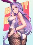  1girl adjusting_eyewear animal_ears ass bow bowtie breasts brown_eyes bunny_ears bunny_tail bunnysuit character_name commentary_request covered_nipples fate/stay_night fate_(series) fishnet_pantyhose fishnets frown glasses gradient gradient_background hand_on_hip long_hair looking_at_viewer looking_back pantyhose purple_hair rider rotix solo tail wrist_cuffs 