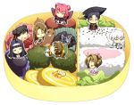  anxia black_hair cardcaptor_sakura chibi daidouji_tomoyo food kerberos kinomoto_sakura open_mouth red_hair yue_(ccs) 