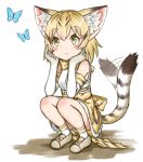  1girl :&lt; animal_ear_fluff animal_ears bangs bare_shoulders blonde_hair blush bow bowtie bug butterfly cat_ears cat_tail commentary elbow_gloves eyebrows_visible_through_hair full_body gloves green_eyes hair_between_eyes hands_on_own_cheeks hands_on_own_face high-waist_skirt highres insect kemono_friends kiki_okina looking_away print_gloves print_legwear print_skirt sand_cat_(kemono_friends) sand_cat_print shirt shoes short_hair simple_background skirt sleeveless sleeveless_shirt socks solo striped_tail tail tail_wagging white_background white_shirt 
