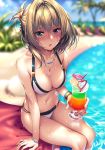  1girl :o bangle bangs bare_shoulders bikini blue_eyes blue_sky blurry blurry_background blush bracelet breasts cloud collarbone cup day folded_ponytail green_eyes green_hair hair_between_eyes heterochromia highres holding holding_cup idolmaster idolmaster_cinderella_girls jewelry looking_at_viewer medium_breasts mole mole_under_eye necklace open_mouth outdoors piromizu poolside short_hair sidelocks sitting sky solo swimsuit takagaki_kaede thighs tropical_drink wet 