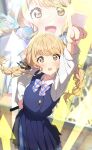  1girl absurdres arrow_(symbol) blonde_hair blue_overskirt bow bowtie braid commentary_request fujita_kotone gakuen_idolmaster hatsuboshi_gakuen_school_uniform highres idolmaster long_hair overskirt patterned plaid_bow plaid_bowtie plaid_clothes pointing pointing_up reikakrzk school_uniform shirt smile solo twin_braids white_shirt yellow_eyes 