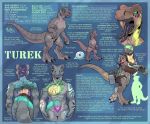  2019 3_toes 4_fingers anthro backpack barefoot big_tail biped blue_background claws digital_media_(artwork) digitigrade dinosaur egg english_text featureless_crotch forked_tongue green_eyes green_sclera grey_scales grey_tail grey_tongue gun hayven_celestia hi_res holding_object holding_weapon long_tail male model_sheet naturally_censored nude open_mouth ranged_weapon reptile rick_griffin scabbard scales scalie sharp_teeth sheathed_weapon signature simple_background solo tattoo teeth text thick_tail toe_claws toes tongue tongue_out turek visor weapon 