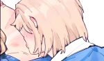  2girls blonde_hair blue_ribbon blush commentary dohwa110 dungeon_meshi ear_blush english_commentary falin_touden falin_touden_(tallman) hickey kiss kissing_neck long_hair marcille_donato multiple_girls parted_lips ribbon short_hair simple_background tan tanlines white_background yuri 