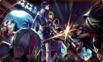  2boys 2girls ankh_(dare_ga_tame_no_alchemist) assassin assassination aswald_(dare_ga_tame_no_alchemist) black_hood blue_hair carla_(dare_ga_tame_no_alchemist) closed_eyes closed_mouth commentary dare_ga_tame_no_alchemist fingerless_gloves gloves glowing glowing_eyes green_hair gunlance hair_between_eyes hand_on_own_cheek hand_on_own_face head_rest holding holding_polearm holding_sword holding_weapon hood hood_up indoors jewelry mask multiple_boys multiple_girls night night_sky official_art pants polearm ring ryle_(dare_ga_tame_no_alchemist) short_hair short_sword sky sword third-party_source weapon white_pants 