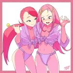  2girls anemone_(eureka_seven) blush candy commission crossover cynthia_lane embarrassed eureka_seven eureka_seven_(series) flat_chest food fundoshi green_eyes highres holding holding_candy holding_food holding_lollipop japanese_clothes lollipop long_hair looking_at_another mizu_happi multiple_girls navel open_mouth overman_king_gainer pink_hair purple_eyes skeb_commission smile tocky twintails 