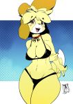  2019 animal_crossing anthro bikini black_nose blonde_hair blush blush_stickers breasts canid canine canis clothing digital_media_(artwork) dipstick_tail domestic_dog female hair isabelle_(animal_crossing) mammal multicolored_tail navel nintendo nipple_outline open_mouth open_smile shih_tzu signature smile solo swimwear toy_dog video_games zwitterkitsune 
