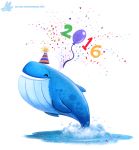  2016 ambiguous_gender balloon cetacean clothing confetti cryptid-creations eyes_closed feral hat headgear headwear holidays mammal marine new_year open_mouth party_hat sea simple_background smile solo water white_background 